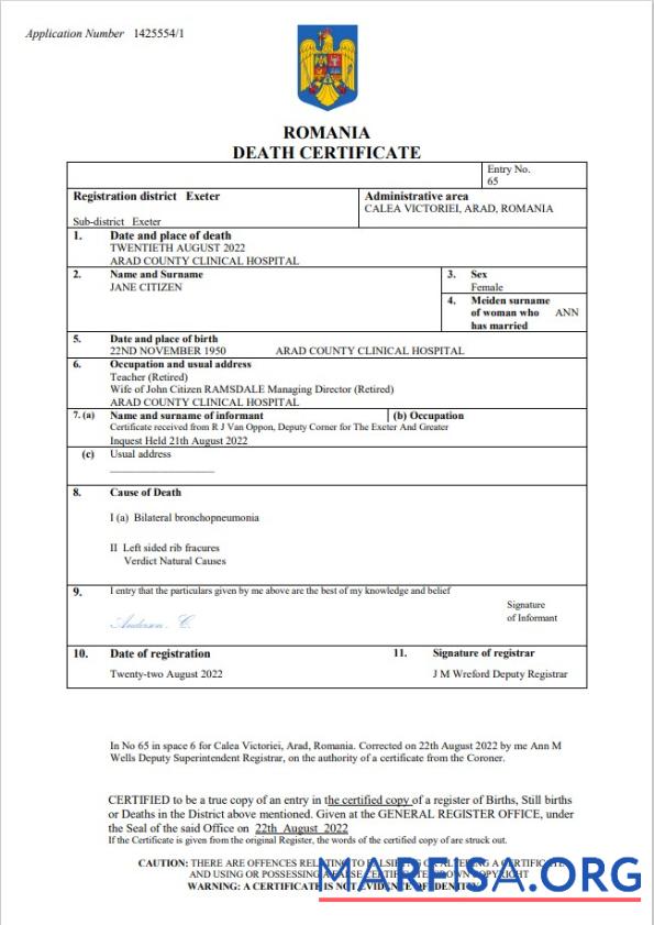 Downloadable Romania vital record death certificate Word and PDF template
